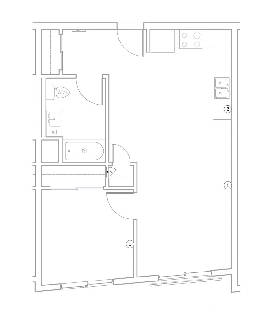 Floor plan for 1 bed, 1 bath
